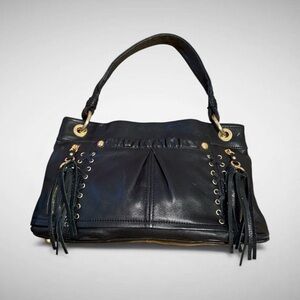 B. Makowsky Black Leather Shoulder Bag with Gold Accents
